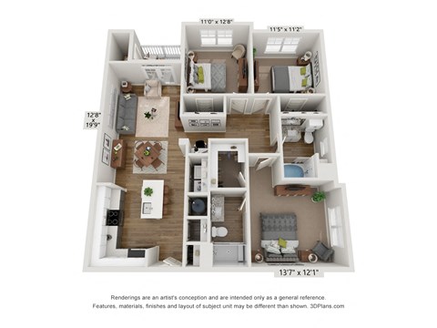 Floor plan for 3 beds, 2 baths, 1327 sqft